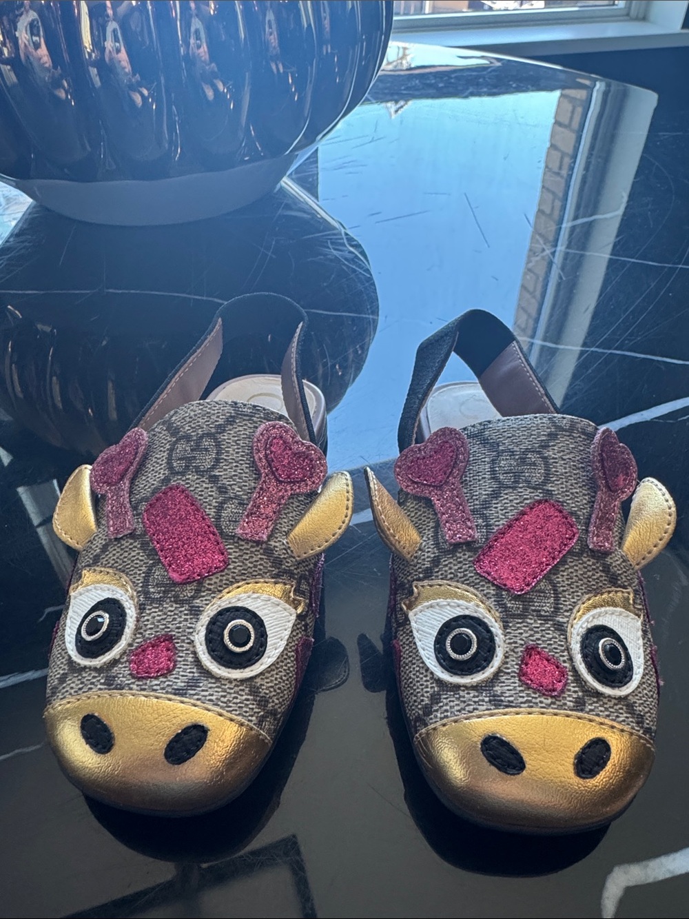 Kids Gucci Novelty Animal Face Slingback Shoes - Gold & Pink